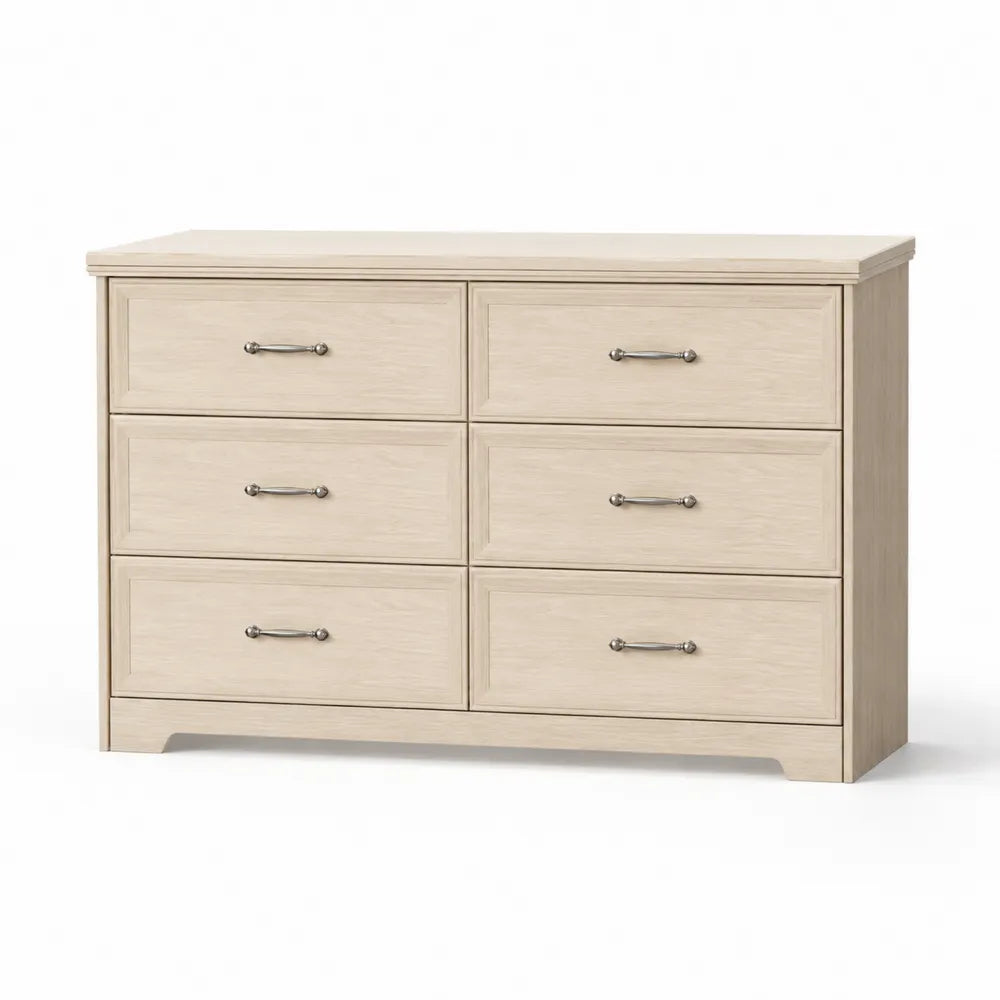 Kommode mit 6 Schubladen aus MDF und Eichenfurnier Beige mit Metallgriffen