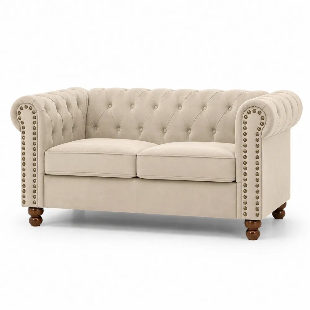 2-Sitzer Sofa Beige Samt Chesterfield-Design Holzbeine