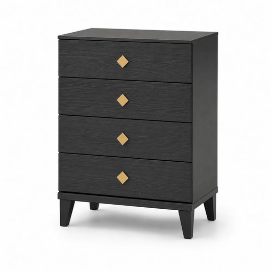 Schwarze Holzkommode mit 4 Schubladen und goldenen Griffen