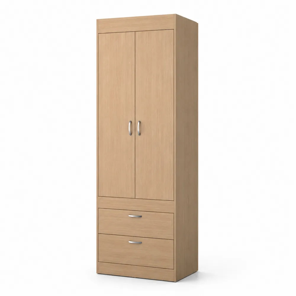 Kleiderschrank mit 2 Türen und 2 Schubladen Eichenfurnier Massivholz Hellbraun 180cm