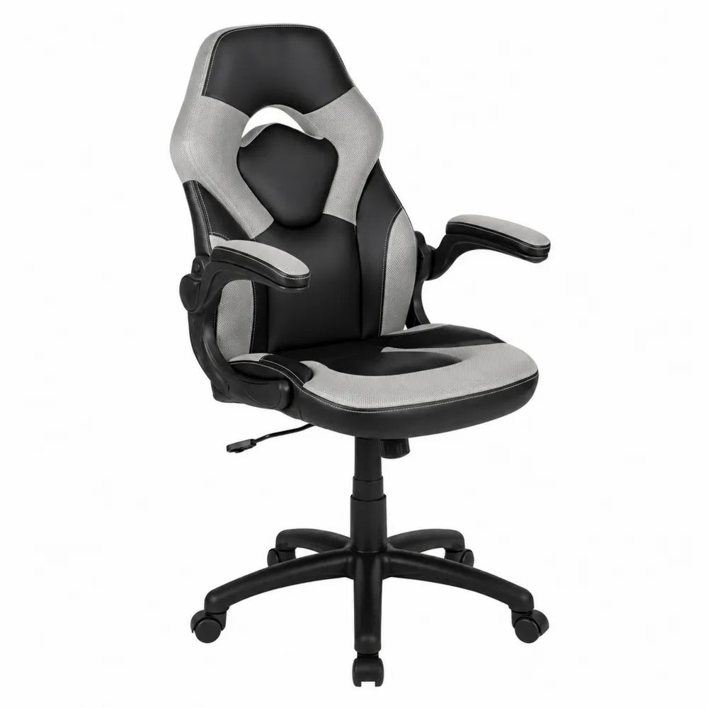 Ergonomischer Bürostuhl mit klappbaren Armlehnen Schwarz/Grau PU-Leder und Mesh