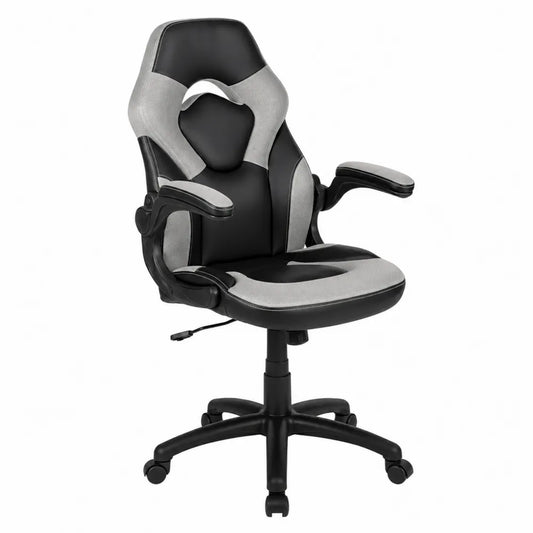 Ergonomischer Bürostuhl mit klappbaren Armlehnen Schwarz/Grau PU-Leder und Mesh