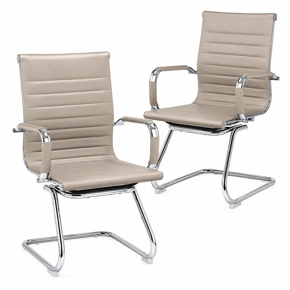 2er Set Freischwinger Stühle Kunstleder Chromgestell Beige