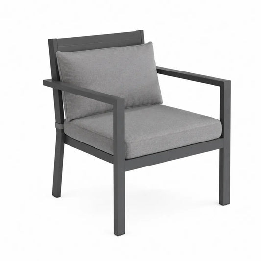 Stuhl mit Aluminiumrahmen und grauem Polyestergewebe