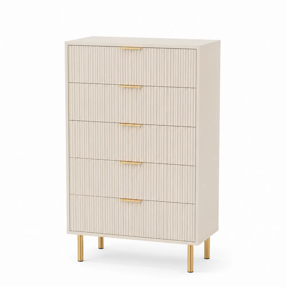 Kommode mit 5 Schubladen aus MDF in Creme mit goldfarbenen Griffen